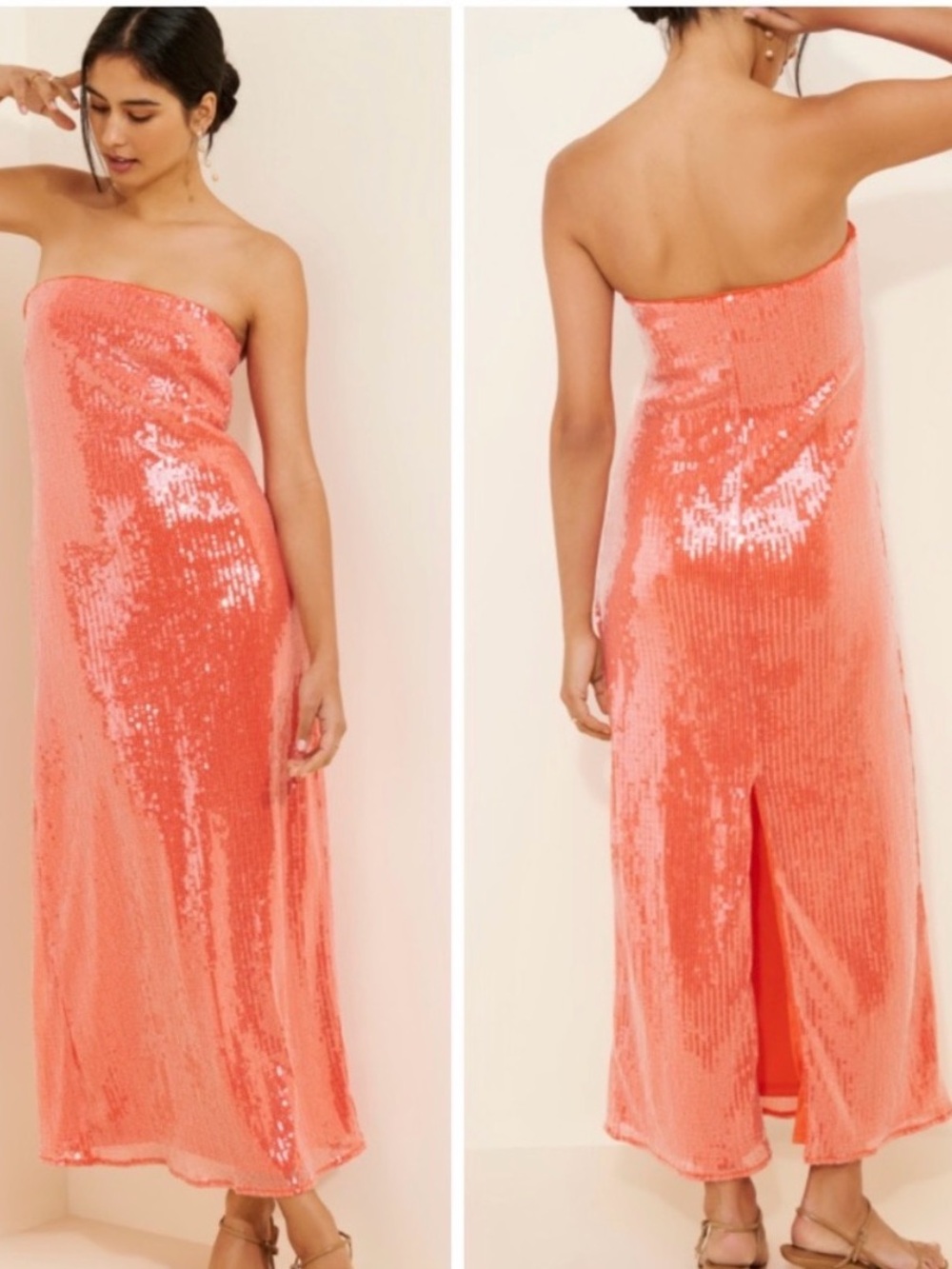 Hutch Strapless Sequin Midi Column Dress Maxi Medium Coral Orange Wedding Guest